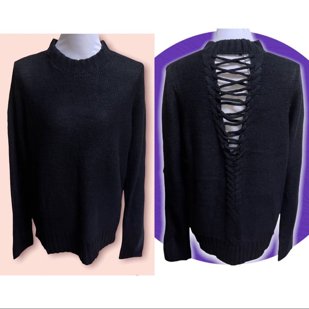 NWT Sugar + Lips Black Low Turtleneck Sweater V cut Cross Open Back Size XS/S
